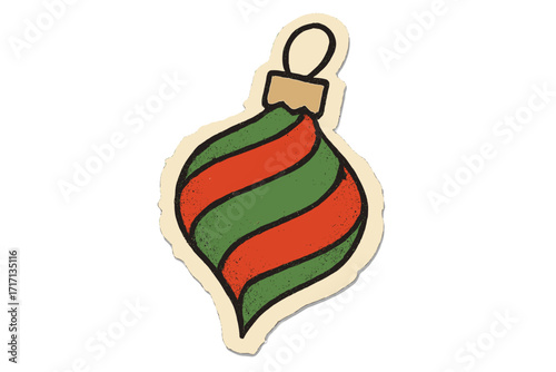 Vintage Christmas ornament vector illustration. Retro Xmas tree bauble in torn paper sticker style. Halftone texture holiday decoration for collage or scrapbook design.