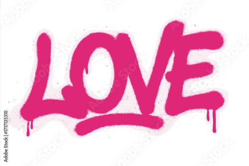 Urban graffiti LOVE word sprayed in vibrant pink over white background, wild style street art lettering, vandal tag inscription, isolated graffiti art for urban culture design