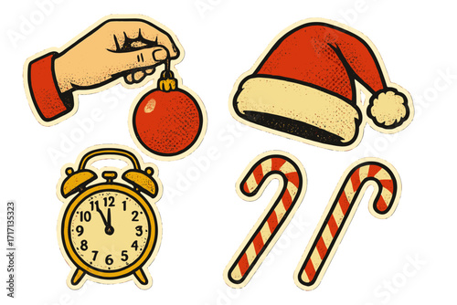 Retro Christmas halftone sticker set. Vintage New Year collage elements with hand holding ornament, Santa hat, midnight clock and candy cane. Trendy vector paper clippings.