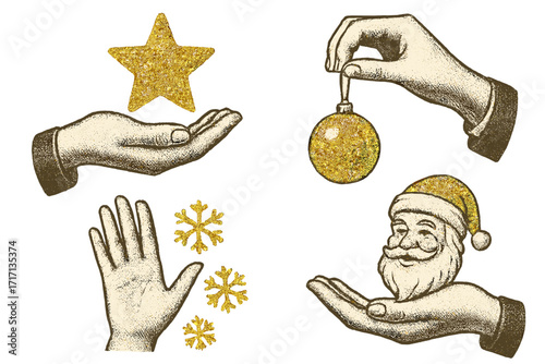 Vintage halftone collage Happy New Year and Merry Christmas card set with glitter elements, festive golden snowflakes, star, ornament and Santa Claus holding hands, retro vector illustration