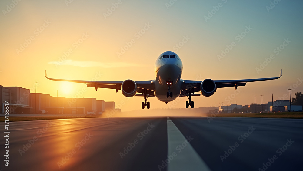 Fototapeta premium High speed transport aviation scene showing cargo jet taking off at sunrise over airport runway with efficient takeoff cutting edge aviation technology and fast delivery systems in Photo Stock Conce