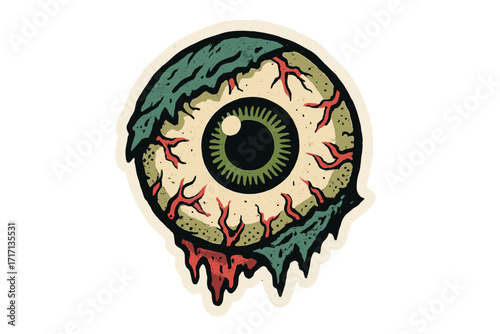 Zombie eye vector illustration for Halloween. Creepy horror eyeball monster sticker in vintage retro halftone print style. Spooky grunge cartoon graphic for zine culture.