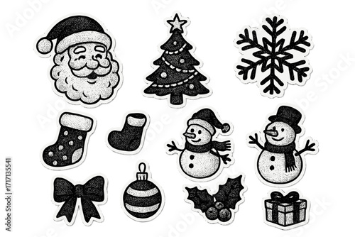 Retro Christmas stickers set with stippling halftone and photocopy effect, vintage holiday elements for social media, New Year greetings, Santa, snowman, tree, gift, winter decor
