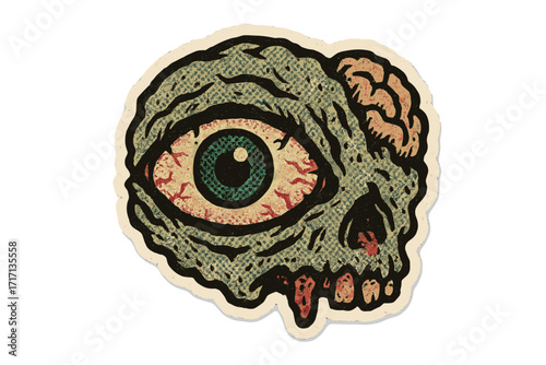 Zombie eye sticker. Halloween horror monster illustration. Vintage retro halftone paper collage style. Spooky creepy skull with brain detail. 90s zine vector cartoon graphic.