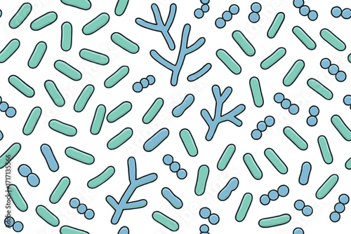 Seamless pattern of human microbiome flora with Bifidobacterium, Lactobacillus, Lactococcus bacteria. Probiotics, dietary supplements, gut health, medicine vector background