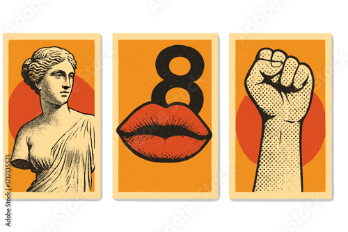 International Women's Day banners set. Retro collage with antique Greek statue, pop art lips, and raised fist. Concept of feminism, women's rights, girl power and protest.
