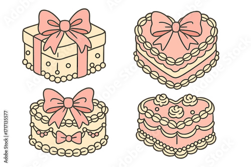 Coquette cakes set with bows and pearls. Vintage heart cake collection. Retro dessert clipart for valentine's day, birthday party. Feminine sweet gift box with ribbon decoration.