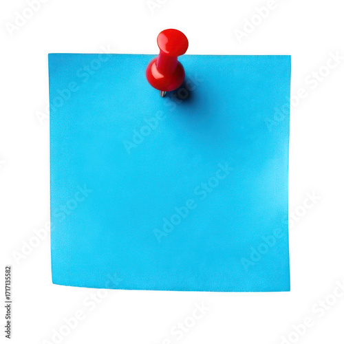 Blue blank sticky post it note with red pushpin isolated on transparent background.