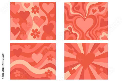 Set of four groovy Valentine's Day backgrounds. Love concept for greeting cards. Funky patterns and textures in a trendy retro 60s 70s psychedelic hippie style.