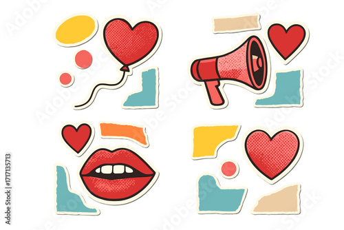 Valentine's Day collage set. Contemporary art with halftone paper cut symbols. Love announcement concept with heart balloon, megaphone, female mouth. Retro vector stickers.