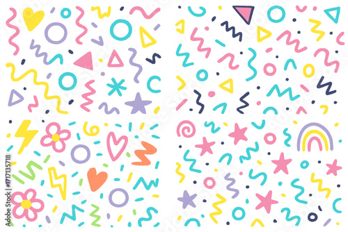 Set of colorful 90s seamless patterns. Fun creative abstract background collection. Vector simple childish scribble print textures for kids stuff, fabric design and decor.