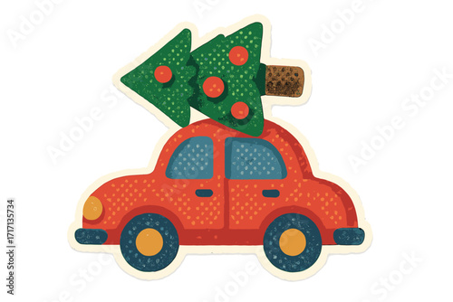 Red car carrying Christmas tree on roof. Vintage torn paper sticker in naive halftone collage style. Xmas holiday journey. Retro cartoon automobile for winter celebration.