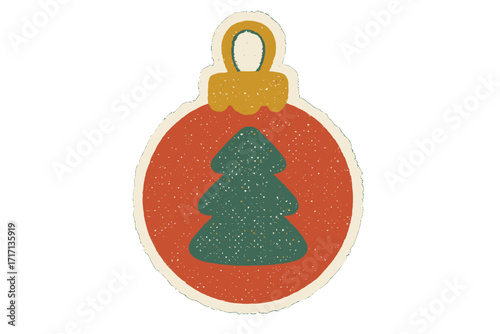 Vintage Christmas tree ball ornament, torn paper sticker style, naive halftone collage design, clay toy cartoon illustration, festive holiday decoration vector