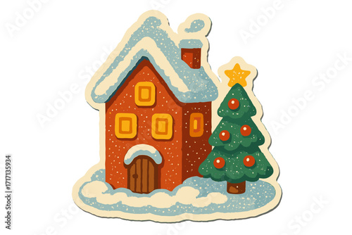 Winter Christmas house with snow-covered roof and decorated Christmas tree, vintage torn paper sticker style, naive halftone collage vector cartoon illustration, festive holiday scene