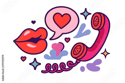 Retro pop art of lips and phone receiver for a love call. Y2K vector sticker with speech bubble and heart for romantic confession. Valentine's Day communication concept.