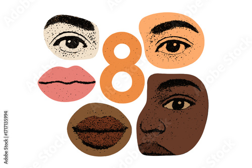 International Women's Day March 8 concept. Halftone collage with diverse women faces parts. Eyes, lips of different skin tones. Sisterhood, feminism, allyship, gender equality.