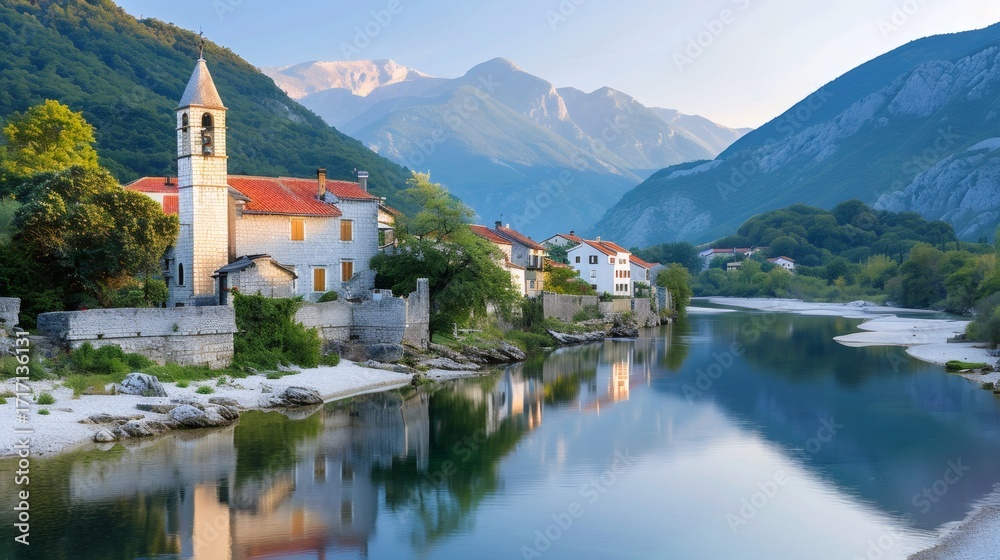 Fototapeta premium Rijeka Crnojevica reflecting in the calm water with mountains in the background