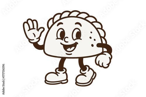 Cute retro empanada mascot character waving hello. Vintage cartoon food illustration with gloved hands and legs in boots. Contour vector graphic of smiling Latin American pastry.