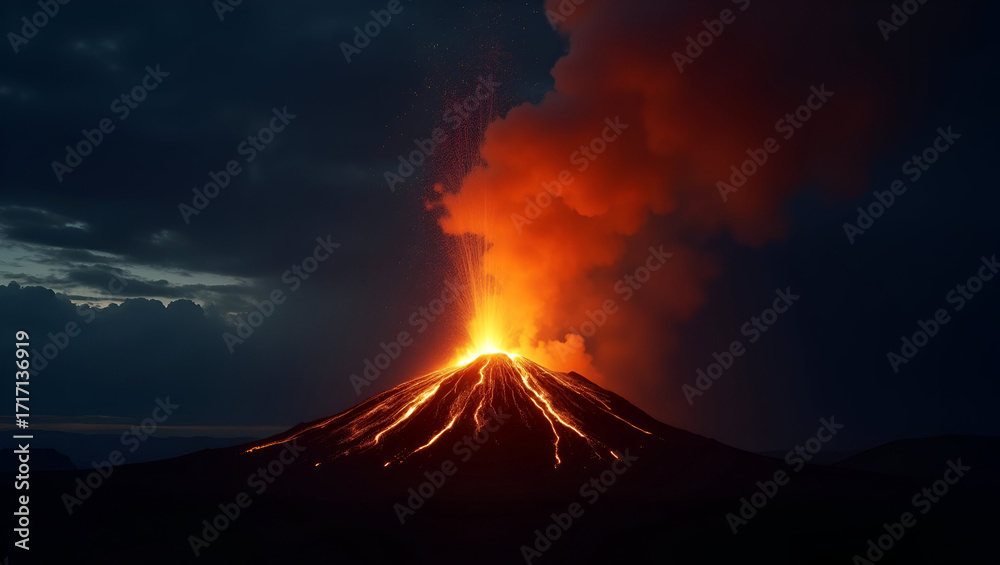 Fototapeta premium Stunning Nighttime Volcanic Eruption Photo: Fiery Lava Erupting from Crater Under Dark Sky with Ash Clouds - Perfect for Stock Photography with Space for Text