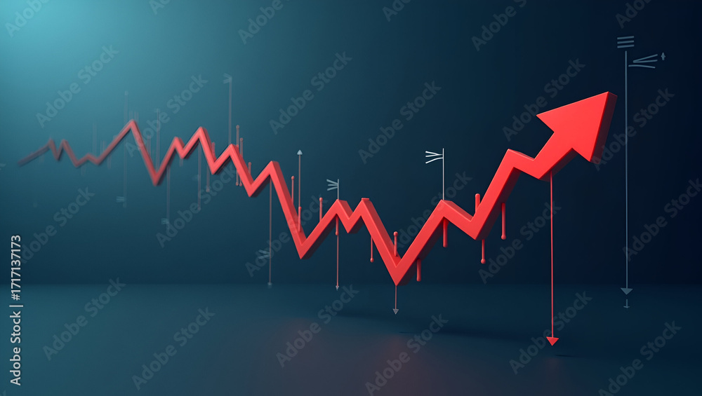 Fototapeta premium Visualizing Investment Risk: Falling Stock Prices with Red Downward Arrow and Candlestick Patterns - A Conceptual Photo Stock Illustration for Sell-Off Phases