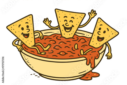 Funny retro nachos characters taking a bath in a tomato salsa sauce bowl. Latin American, Mexican food mascot. Vector hand drawn linear cartoon illustration for menu.