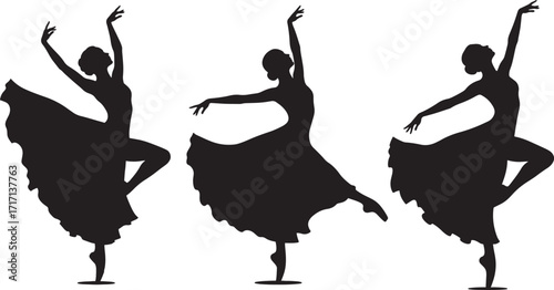 Three female ballet dancers in graceful poses silhouette