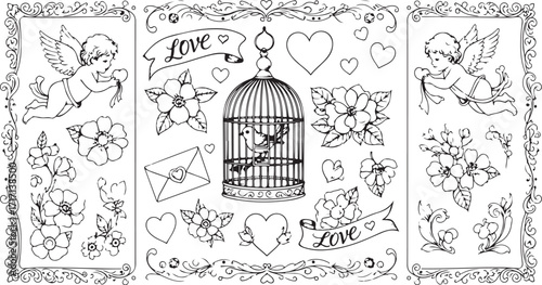 Whimsical birdcage love heart elements