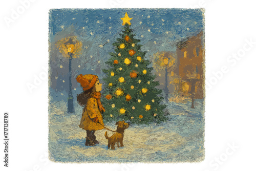 Hand-drawn oil painting of a girl with a dog admiring a Christmas tree on a magical winter night. Nostalgic illustration of a snowy city street for a greeting card.