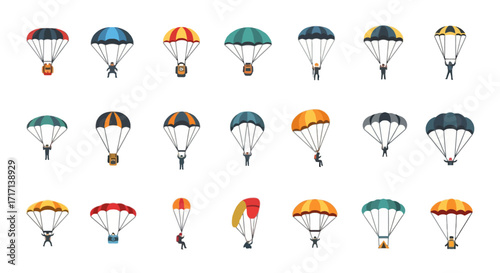 Vibrant Flat Parachute Adventure Icons Set White Background Minimalist Design