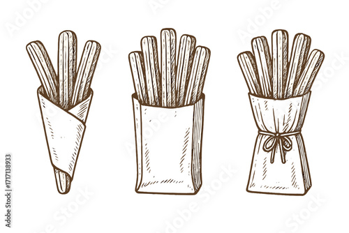 Churros street food vector sketch icon set. Hand drawn churro dessert in paper bag. Traditional Spanish Mexican snack illustration. Vintage pastry for menu, cafe, bakery design.
