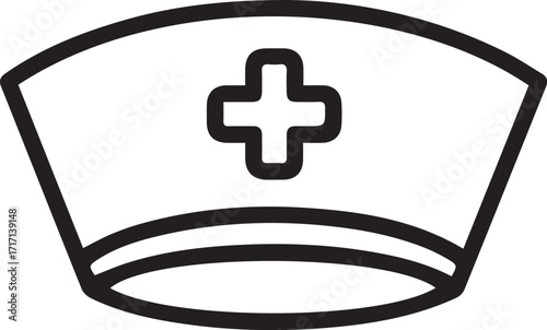 Modern line art illustration of a nurse's hat with a cross, symbolizing medical care, healthcare, and essential service; originally a vector graphic