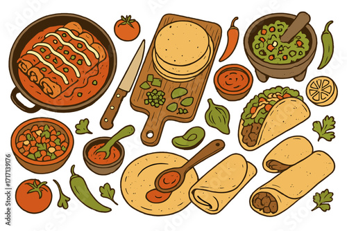 Mexican food cooking concept illustration. Top view of taco, burrito, enchiladas, guacamole, salsa ingredients. Retro vector graphic set for restaurant menu or Latin party.