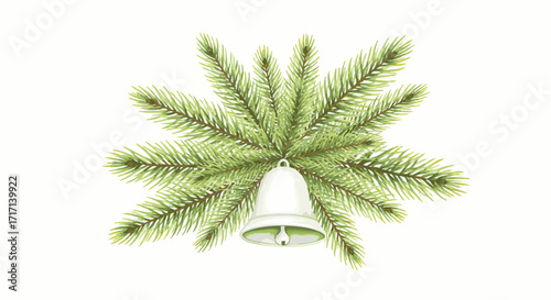 Festive illustration showcasing fresh evergreen branches artfully arranged in a star formation, featuring a gleaming white bell at its heart, perfect for holiday season cheer