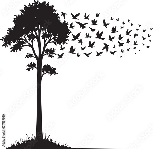 Black silhouette tree with flock of birds flying away