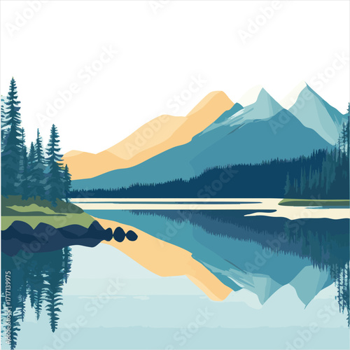Serene mountain lake landscape.  Peaceful forest and mountains reflected in calm water