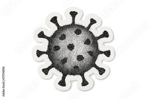 Round virus halftone torn paper sticker, isolated dotted iconic SARS coronavirus symbol on white background, dotted retro textured vector illustration, viral infection concept