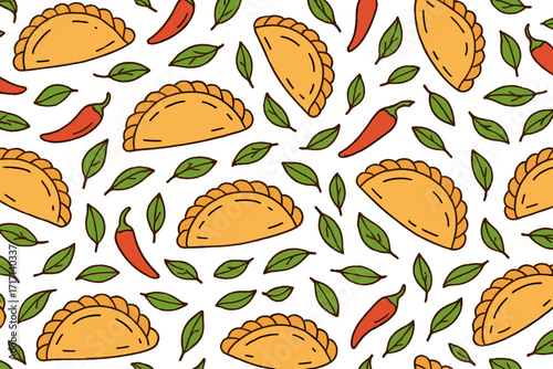 Seamless Mexican empanadas pattern with chili peppers and green leaves, Latin American food design, colorful vector illustration, traditional snack, spicy cuisine background