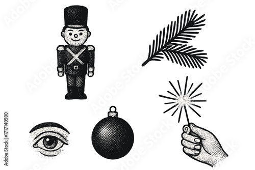Set of Christmas festive halftone collage elements for design featuring holiday toy soldier, fir branch, xmas tree bauble, eye, hand with sparkler, isolated paper design elements