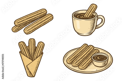 Set of churros in various serving styles with dipping sauce and coffee, traditional Spanish dessert, vintage contour vector illustration for menu, banner, sign