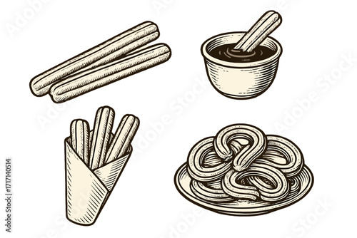 Set of churros in various styles, traditional Spanish dessert, vintage contour vector illustration for menu, banner, sign, sweet fried pastry, delicious snack ideas