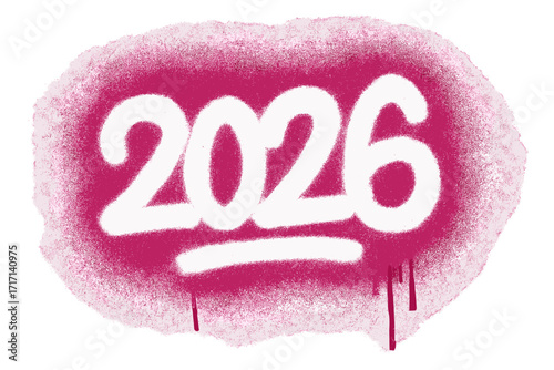2026 graffiti tag sprayed with white paint over magenta background, urban street art style with paint overspray, textured spray illustration with dripping paint, cartoon vector design transparent