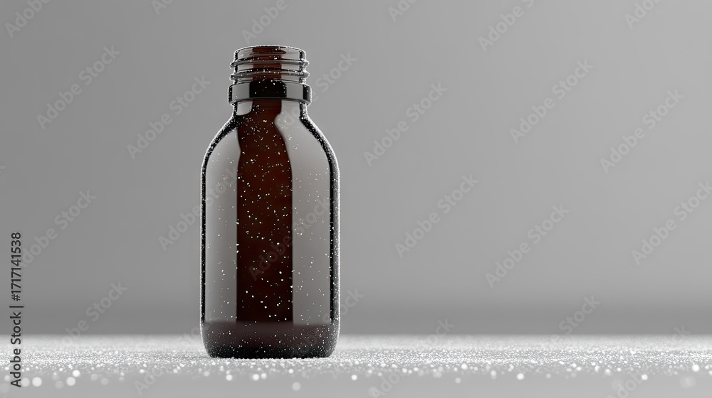 Fototapeta premium A dark brown glass bottle stands on a light gray surface, showcasing a simple yet elegant design.