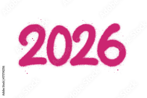 Graffiti 2026 new year text. Spray painted magenta numbers with splatters. Street art font on isolated white background. Urban aerosol stencil lettering for celebration. Vector.