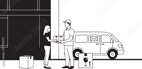 Delivery man gives package to woman