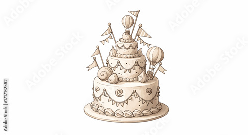 Elegant Festive Cake Illustration with Balloons and Flags Perfect for Celebrations and Special Occasions