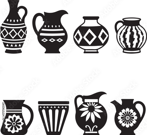 Collection of eight black ceramic vases and pitchers with patterns