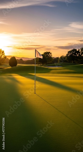 Golden hour illuminates a tranquil golf course, showcasing the flag and its shadow on the vibrant green.
