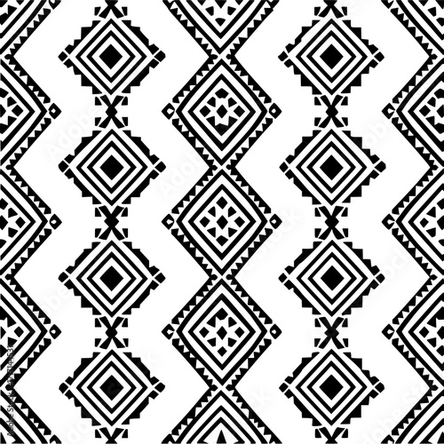 Seamless ethnic pattern tribal design with diamond shapes black and white vector illustration background design