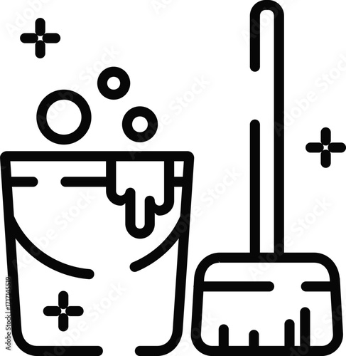 Minimalistic Rounded Modern Line Art Mop cleaner bucket service Icon