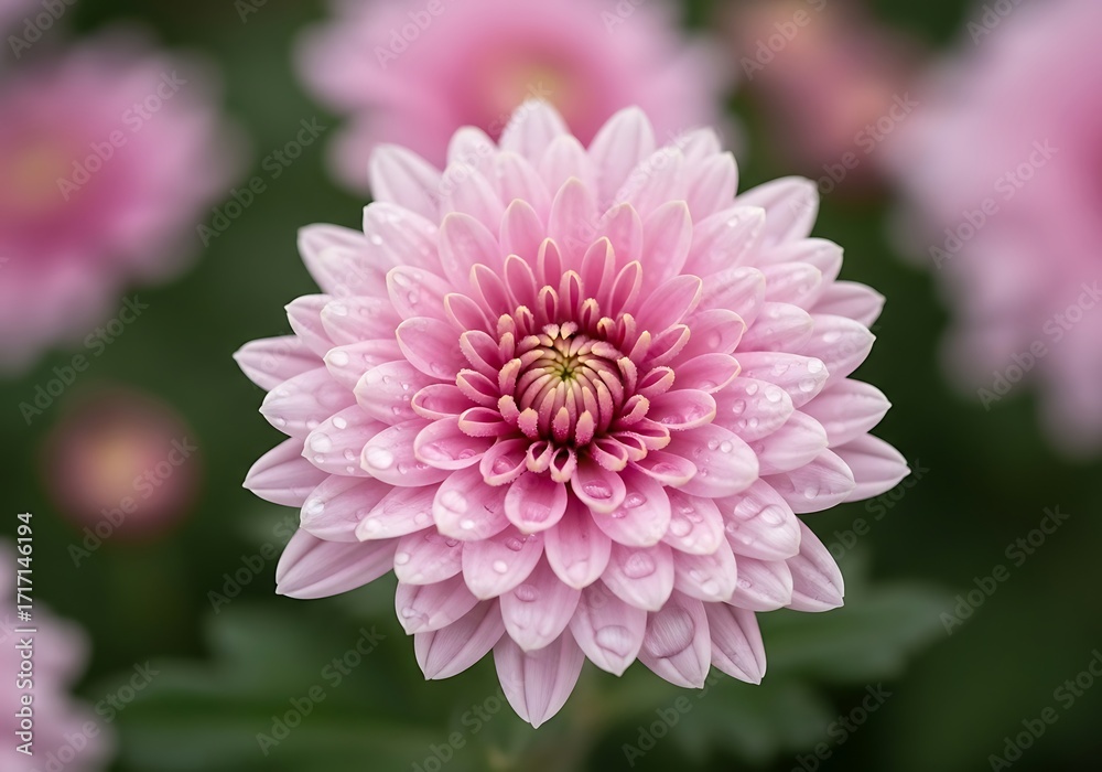 Fototapeta premium A close-up view of a delicate pink chrysanthemum, showcasing its intricate petals and glistening water droplets, creating a soft and serene aesthetic.